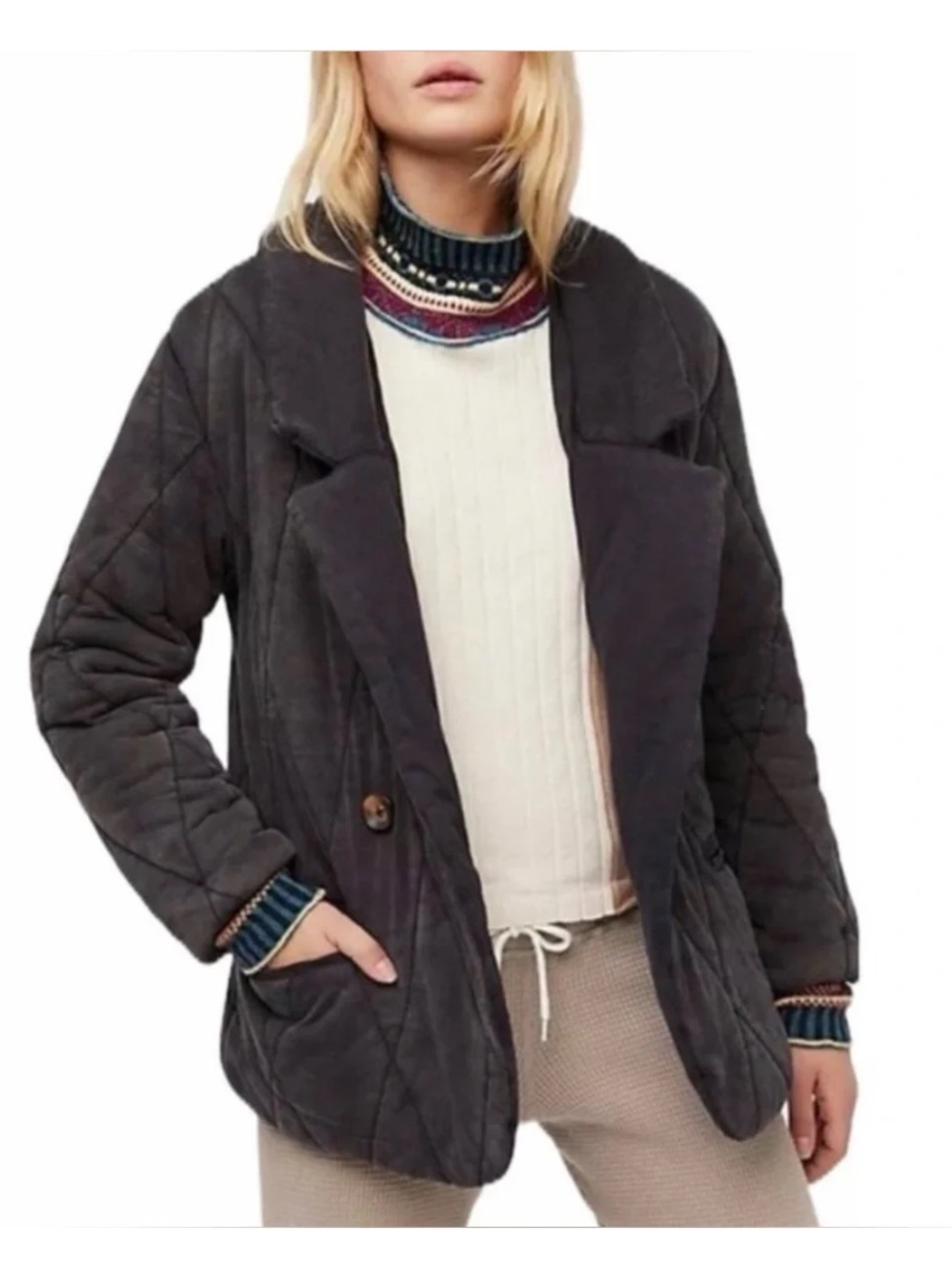 Quilted Shawl Collar Jacket - Black